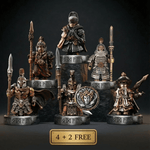 Collection of warrior figurines with a throne-like central piece on a dark background