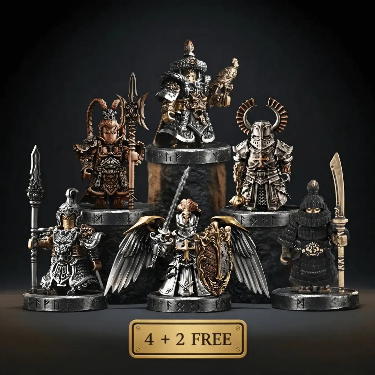 Collection of detailed figurines on a dark background with promotional text '4 + 2 FREE'.
